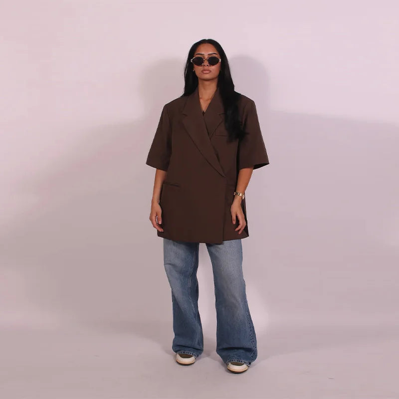 Fashion Women Lapel Suit Jacket Casual Loose Short Sleeve Office Lady Coat 2025 New Chic Autumn Single Button Oversize Jackets