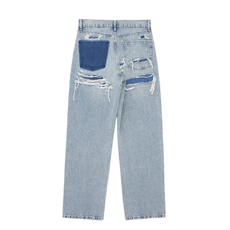 Aoaiiys Baggy Jeans Women High Waist Vintage Denim Pants Fashion Jeans Loose Trousers Patchwork Casual Streetwear Y2k Jeans