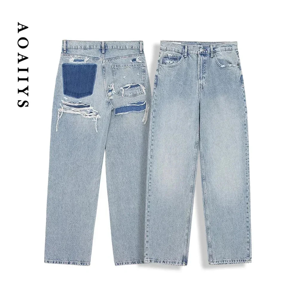 Aoaiiys Baggy Jeans Women High Waist Vintage Denim Pants Fashion Jeans Loose Trousers Patchwork Casual Streetwear Y2k Jeans