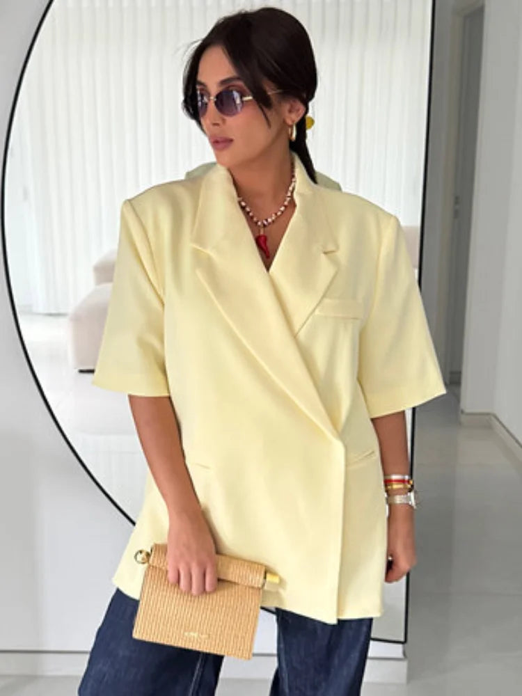 Fashion Women Lapel Suit Jacket Casual Loose Short Sleeve Office Lady Coat 2025 New Chic Autumn Single Button Oversize Jackets