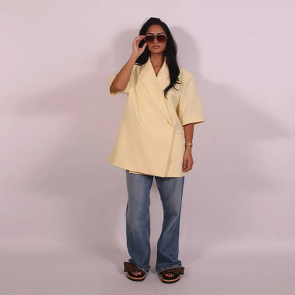 Fashion Women Lapel Suit Jacket Casual Loose Short Sleeve Office Lady Coat 2025 New Chic Autumn Single Button Oversize Jackets
