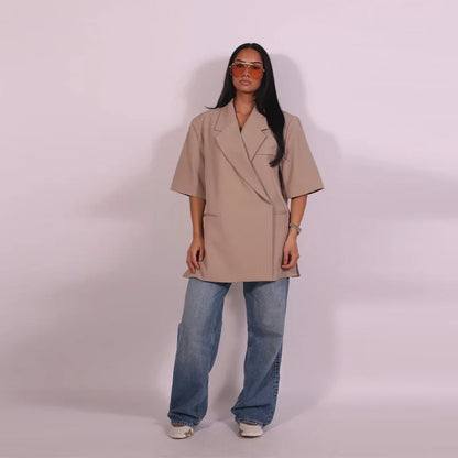 Fashion Women Lapel Suit Jacket Casual Loose Short Sleeve Office Lady Coat 2025 New Chic Autumn Single Button Oversize Jackets